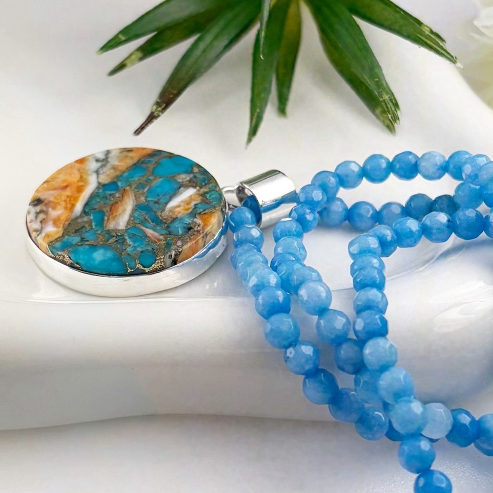 Oyster Turquoise Pendant Necklace Boho Southwest Round Orange Blue New 925 - Picture 4 of 6